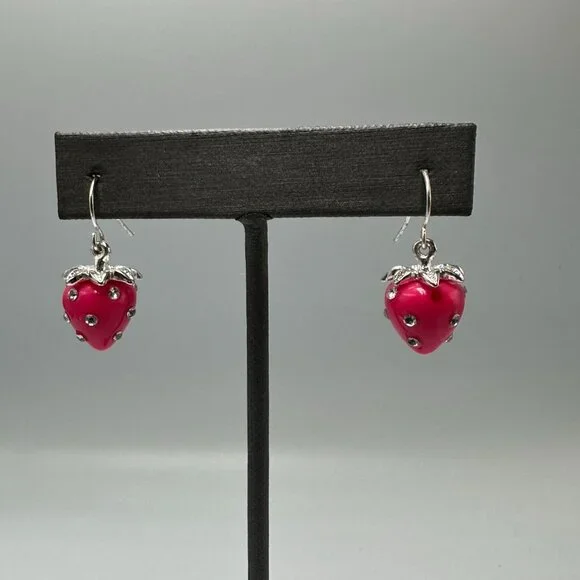 3/$30 Strawberry Dangle Earrings Pink Silver Tone Rhinestone Accents Fruit - Picture 1 of 11